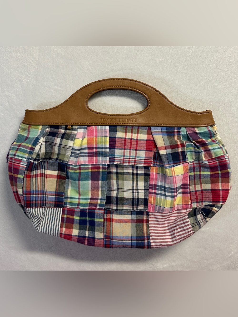 TOMMY HILFIGER plaid patchwork pleated faux leather clutch purse
